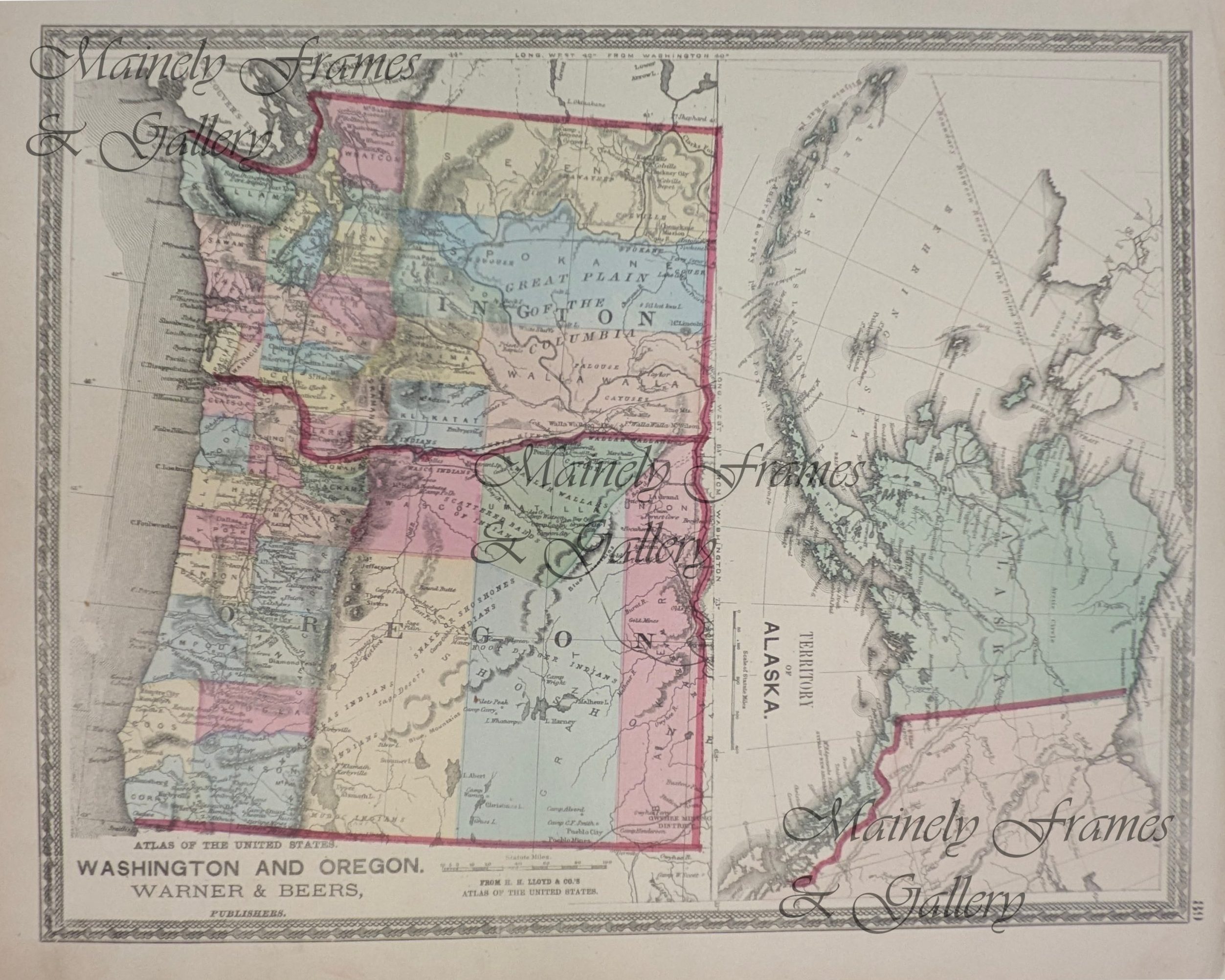 1874 Map Of Alaska Washington And Oregon By Warner Beers Mainely 