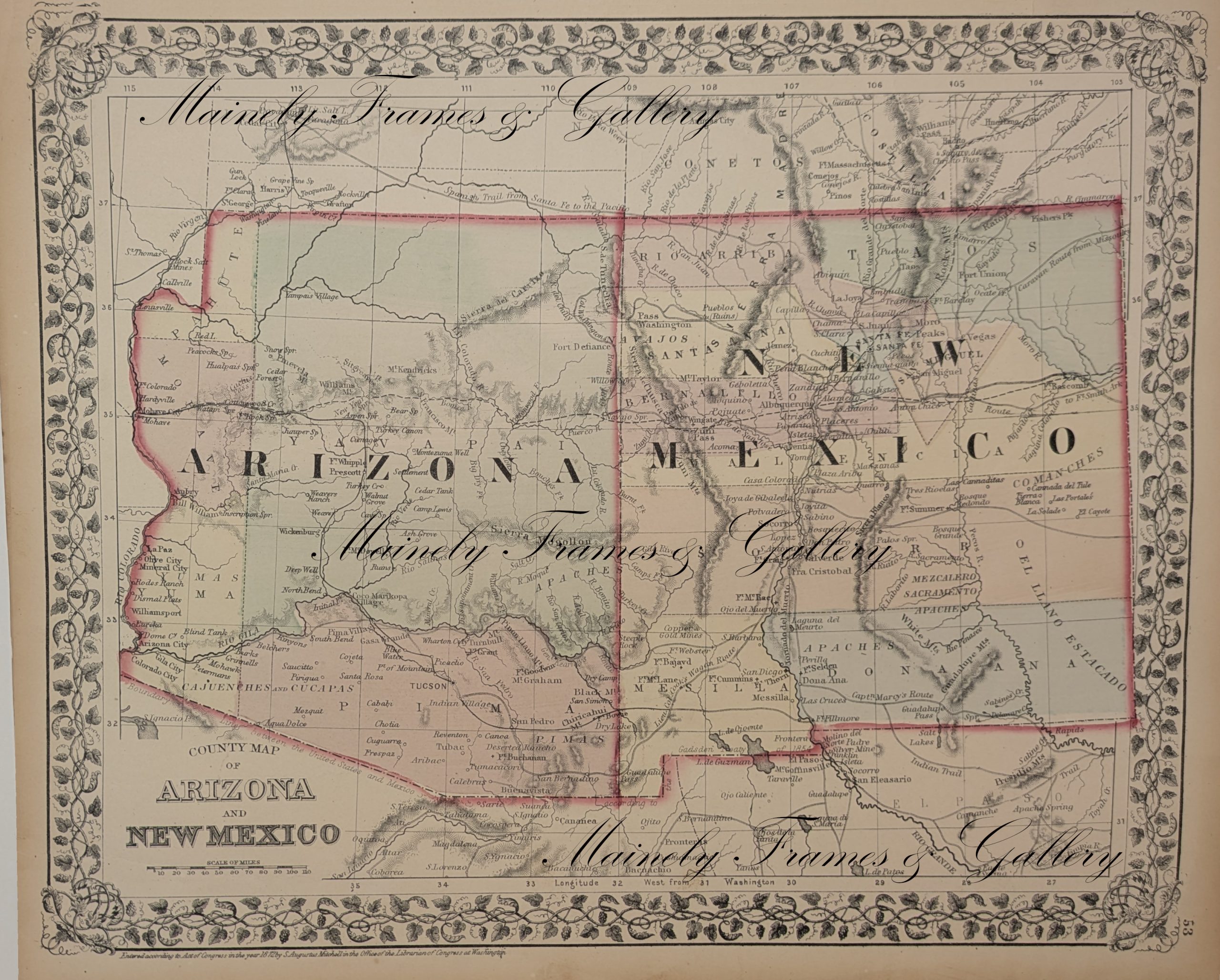 1872 Map of Arizona and New Mexico by Mitchell