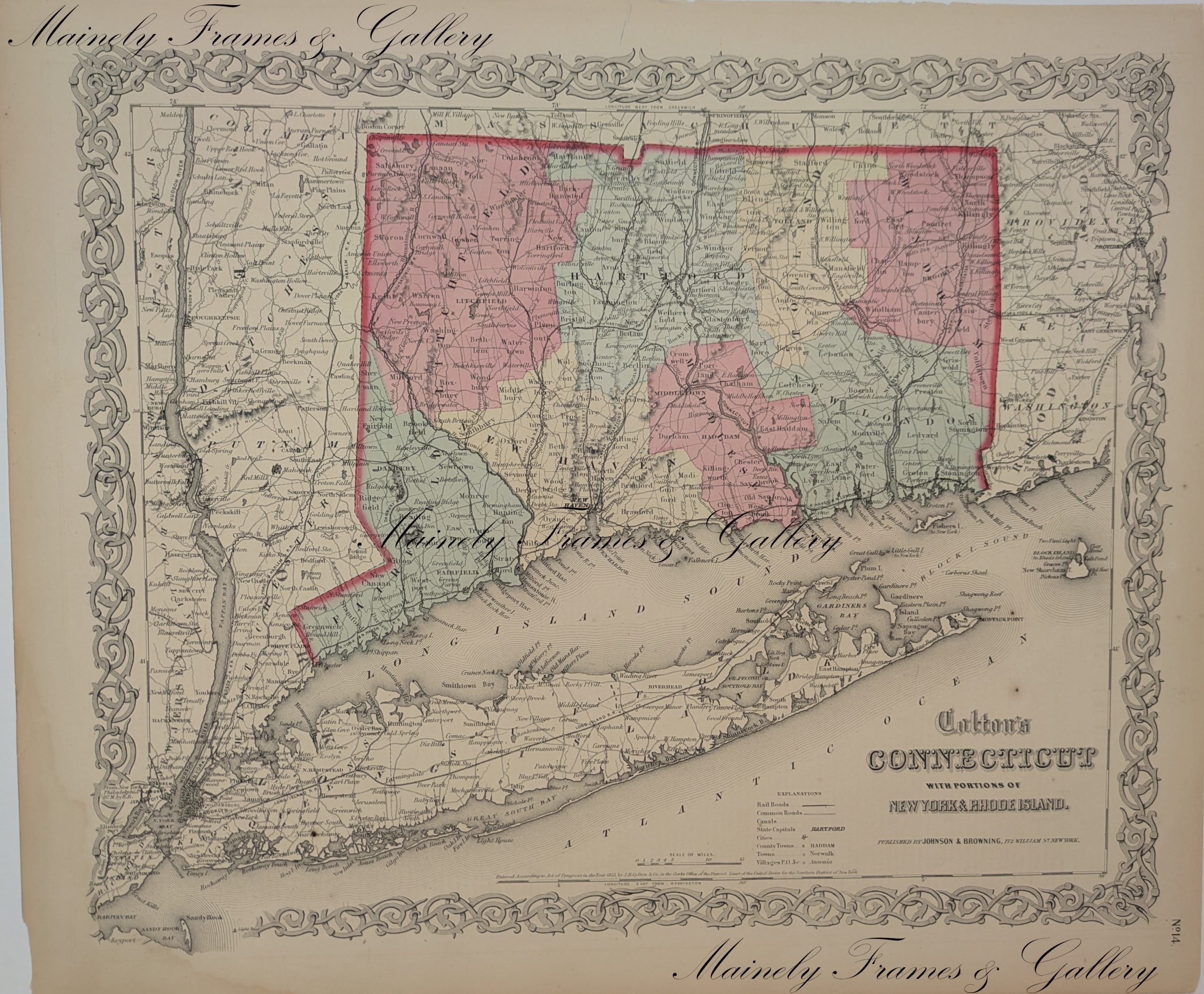 1855 Map of Connecticut by J. H. Colton