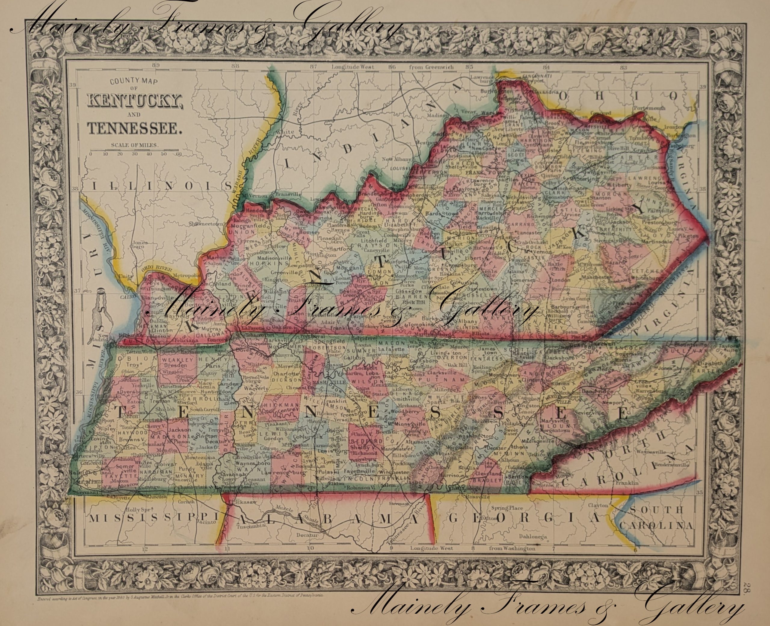 1867 Map of Kentucky and Tennessee by Mitchell