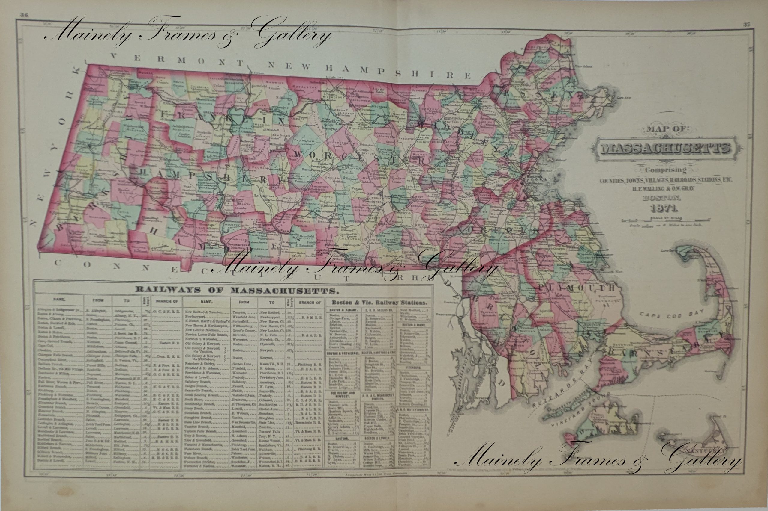 1871 Railroad Map of Massachusetts by Walling & Gray